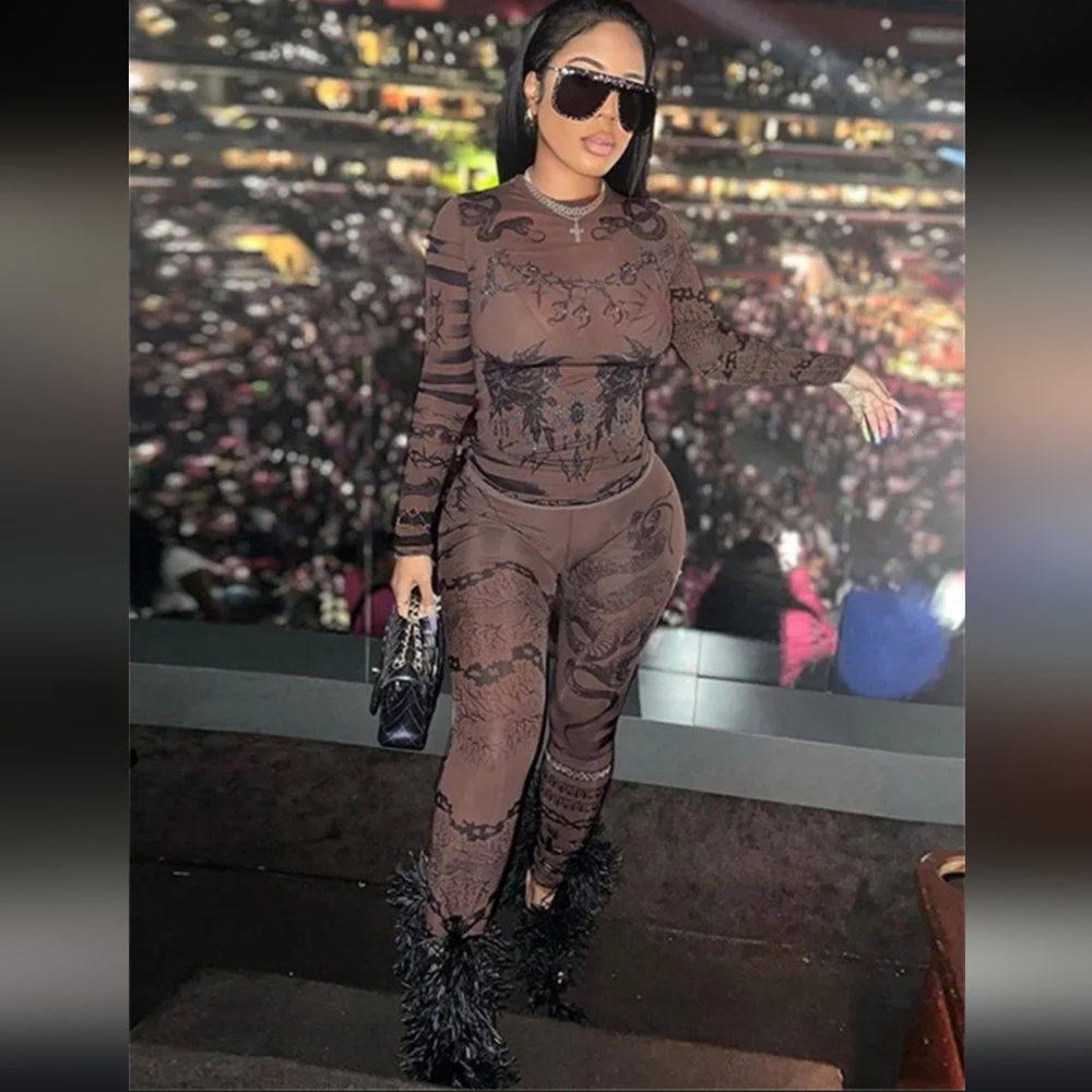 Brown & Black Mesh 2-Piece Set Long Sleeve Top & … - image 1